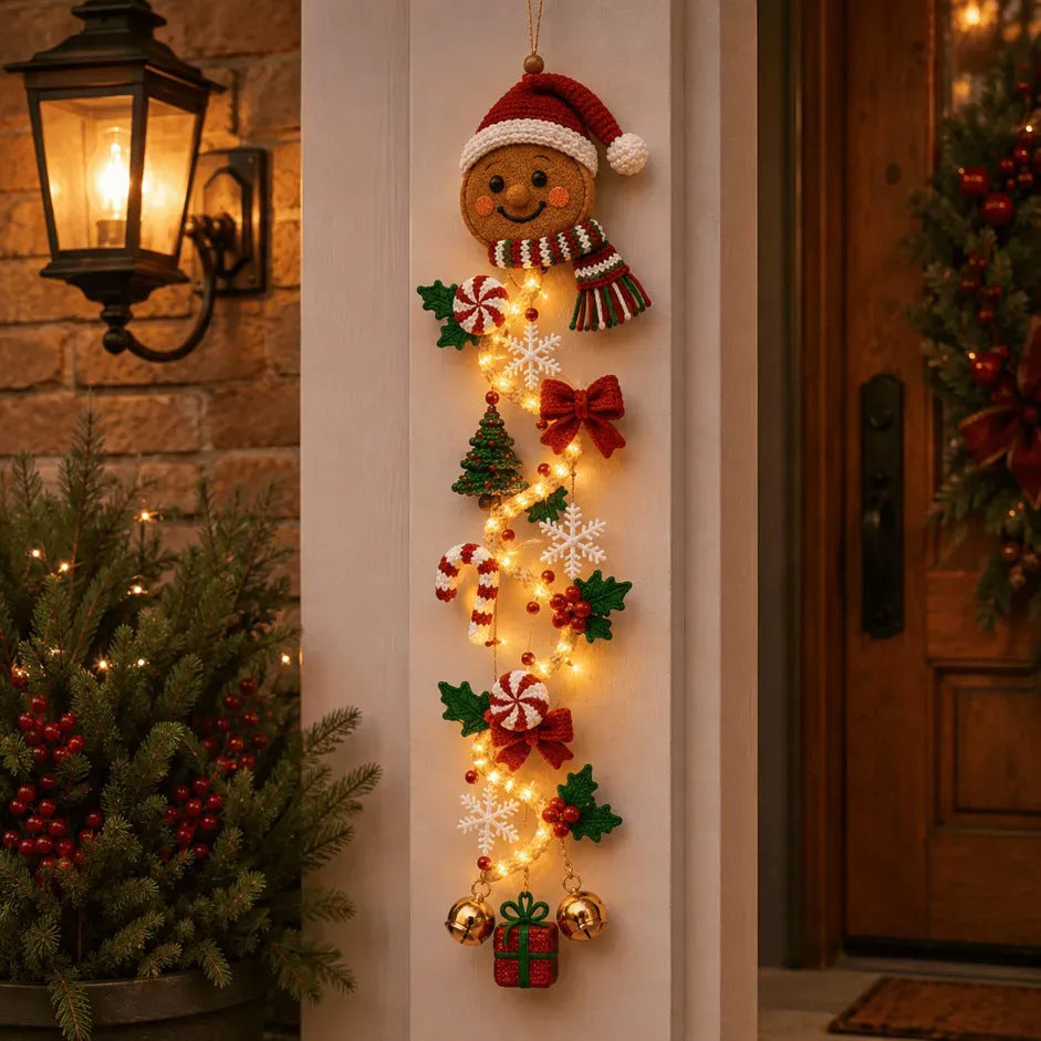 Colgante luminoso de galleta de jengibre en la puerta
